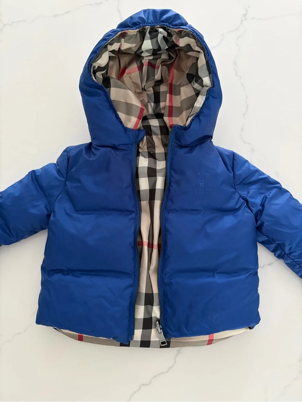 Burberry 9-12 mo Classic Baby Down Puffer Beige & black/blue Reversible Like New